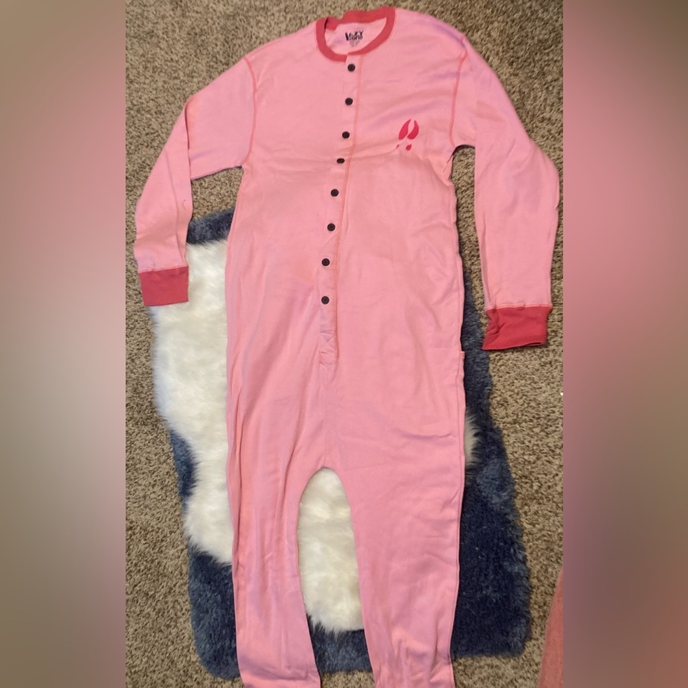 Lazy one brand pink adult onesie. Moose caboose butt flap pajamas. Size XL.